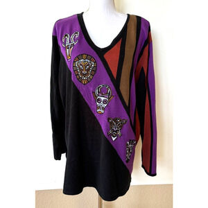 Bob Mackie Wearable Art Sweater African Masks Animals 2X Block Colors V Neck